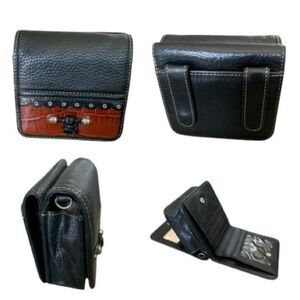 Vtg Brighton Leather Bi-fold Wallet Crossbody Belt Bag Western Black Brown Croco